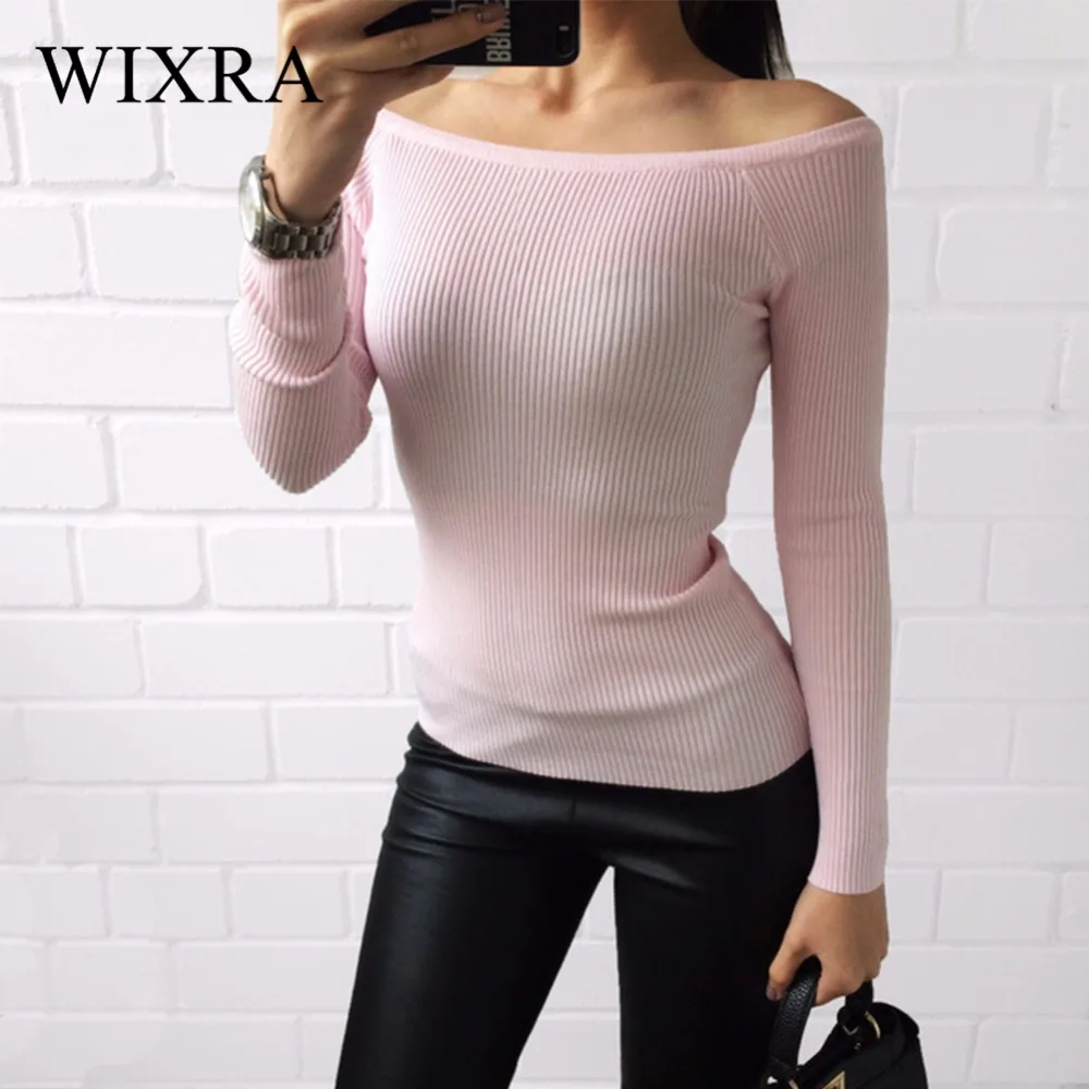 Wixra الدافئة و سحر معطلة الكتف محبوك سترة النساء الخريف أنيقة البلوز سحب Femel الشتاء عالية تمتد تريكو الأعلى