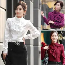 Gasa Blusas Camisetas Mujeres Tops Elegante de La Colmena de la Blusa de Las Señoras de Manga Larga Camisa Formal de La Gasa de Las Mujeres Blusas de Vestir Femenina