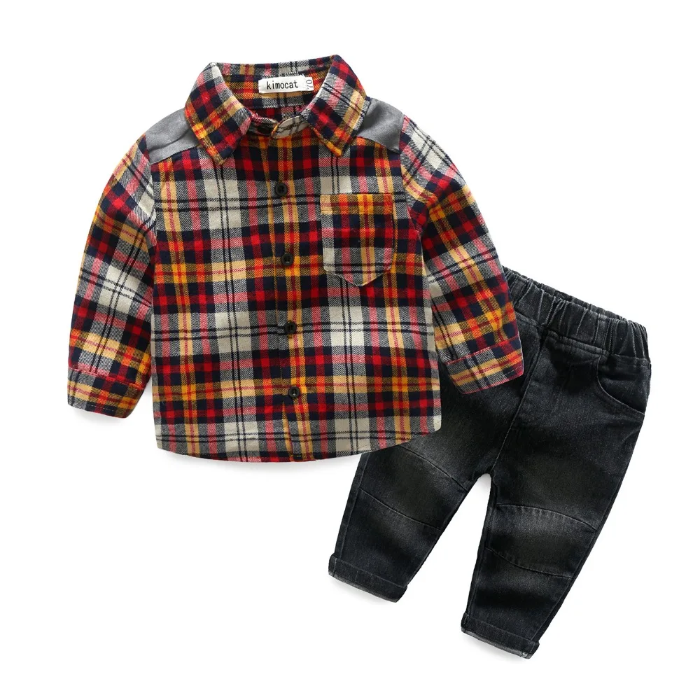Модные весенние комплекты одежды для маленьких мальчиков Одежда для младенцев хлопковый костюм для малышей клетчатая рубашка с длинными рукавами для мальчиков+ джинсовые штаны/джинсы