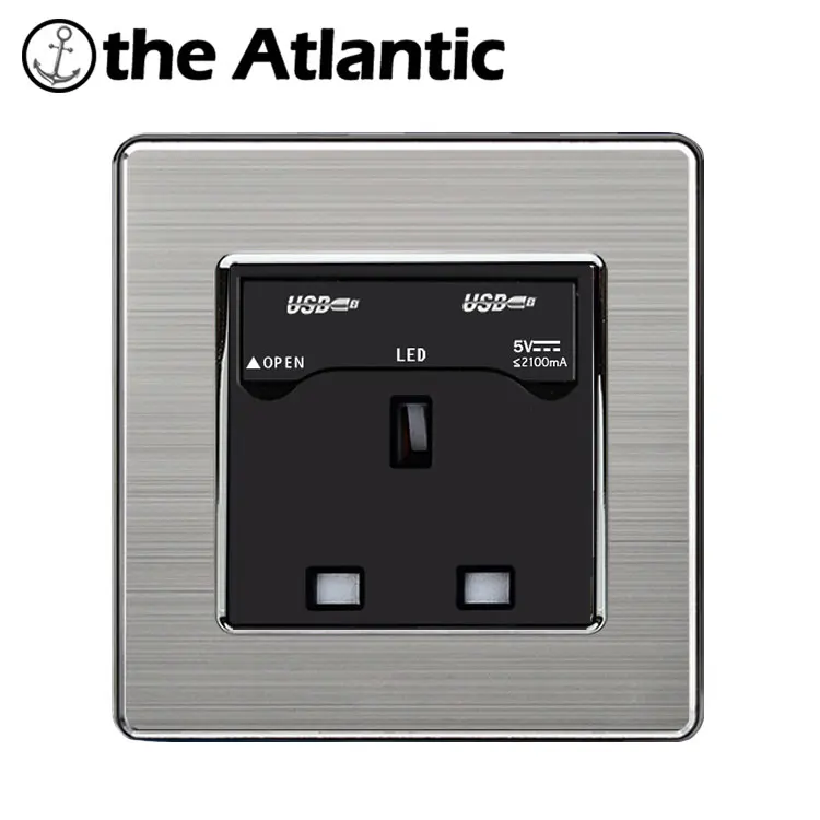

Atlantic 13A UK Standard Socket with Dual USB Charge Port For Mobile Output 5V 2.1A Wall Power Outlet Stainless Steel Panel
