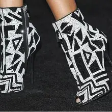 Большой Размер 10 Мода Белый Черный Кристалл Peep Toe Лодыжки сапоги Конус Пятки Стороны Молнии Взлетно-Посадочной Полосы Сандалии Гладиаторов Ботинки женщина