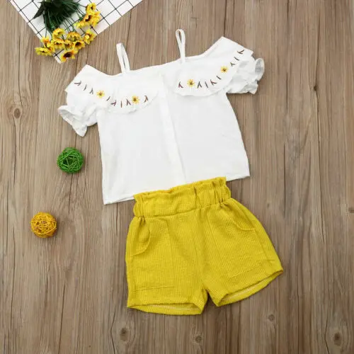 Toddler Baby Girls Outfits Off-Shoulder Button Up Strappy Shirt + Front Pockets Yellow Shorts Infant Clothe Sets 3-8T Toddler Baby Girls Outfits Off-Shoulder Button Up Strappy Shirt + Front Pockets Yellow Shorts Infant Clothe Sets 3-8T