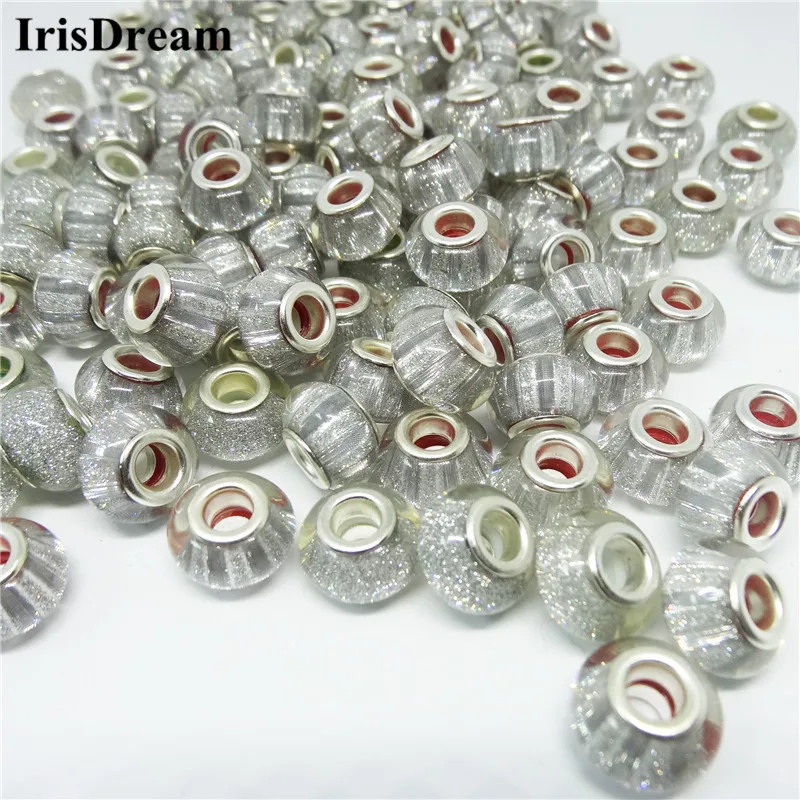 

10 Pcs Lot Grey Color 14mm Big Hole Round Loose Plastic Resin Murano Beads Fit European DIY Pandora Bacelets For Jewelry Making