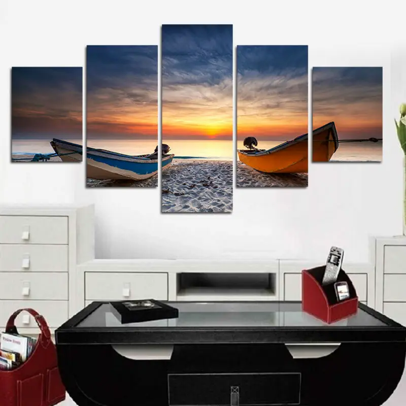 

Canvas Paintings Home Decor Wall Art Unframed 5 Pieces Fishing Boats On Beach At Sunset Posters Living Room HD Prints Picture