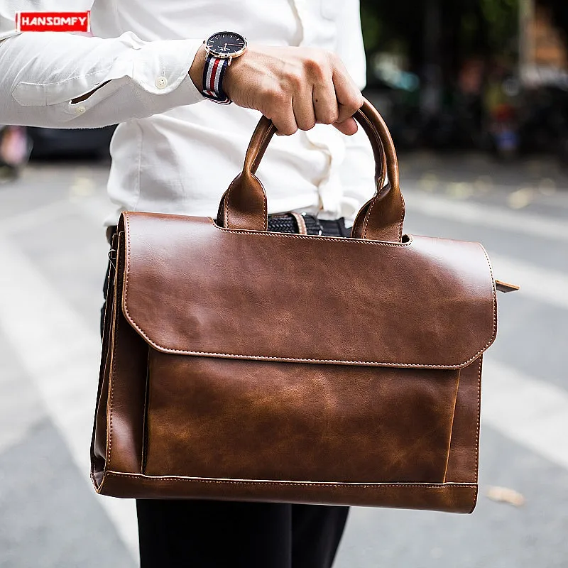 Men's briefcase Crazy horse leather diagonal cross shoulder bag male handbag messenger bags business 14 inch Laptop briefcases