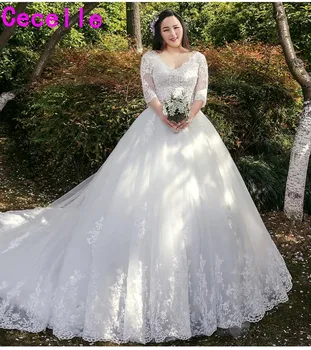

2019 New Ball Gown Lace Tulle Plus Size Wedding Dress With Sleeves V Neck Lace-Up Back Bridal Gown For Full Figure Bride