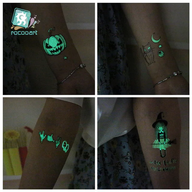 Rocooart – faux tatouage fantôme d'halloween pour enfants, autocollant de tatouage temporaire, scintillant dans la nuit, étanche 5