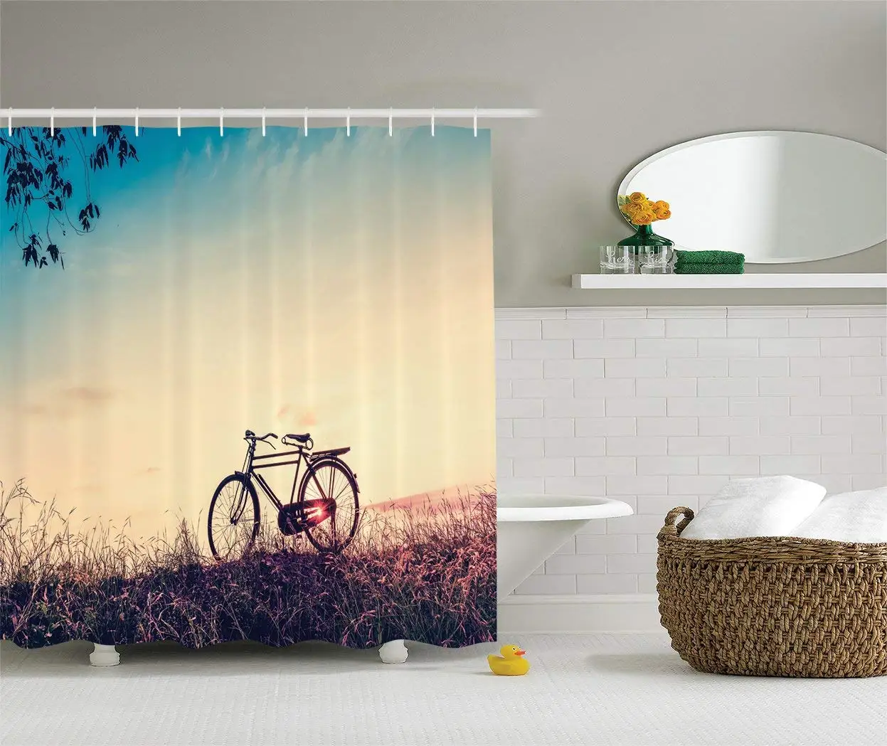Vintage Bike Shower Curtain Retro Filter Sunset And