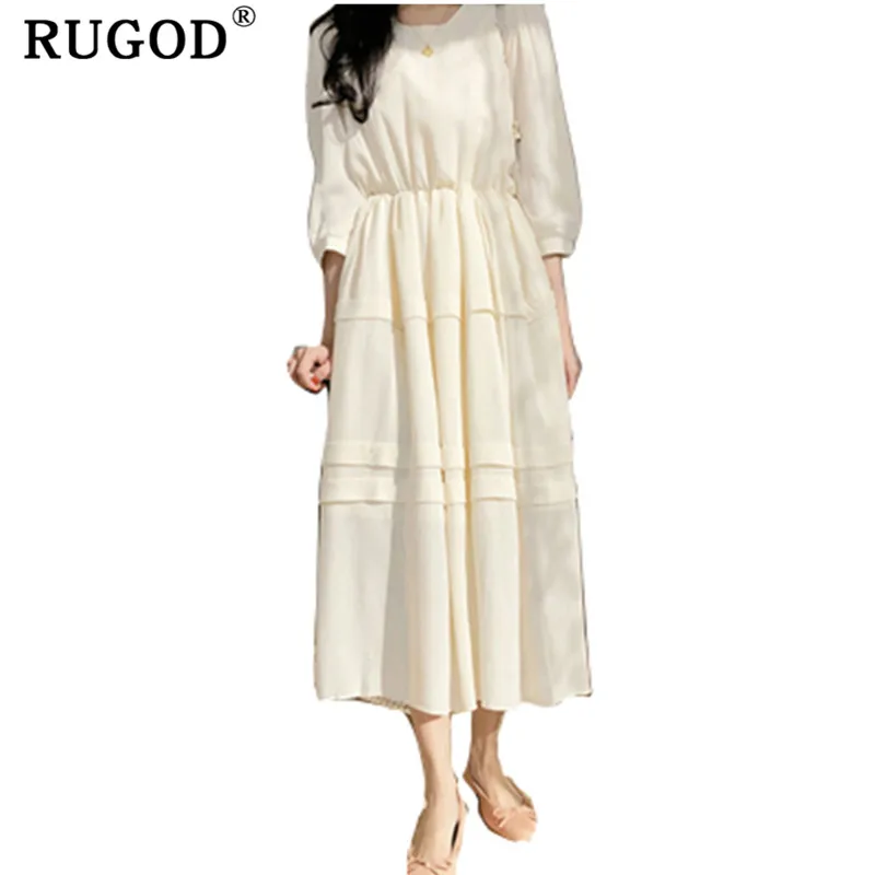RUGOD милое однотонное женское платье Плиссированное с круглым вырезом элегантное женское платье миди повседневное шикарное женское весеннее платье vestidos verano