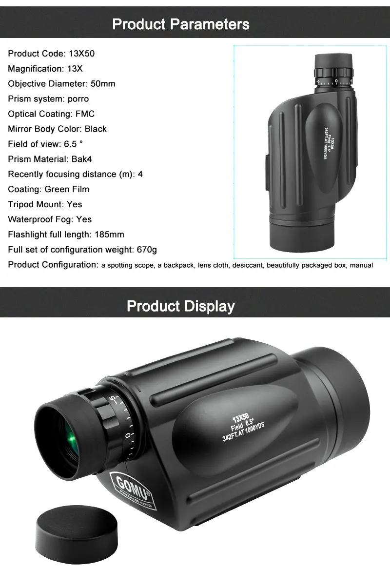 GOMU 13X50 Водонепроницаемый Монокуляр телескоп Бинокль HD мощный окуляр для наблюдения за птицами с Bak4 призма Открытый Охота
