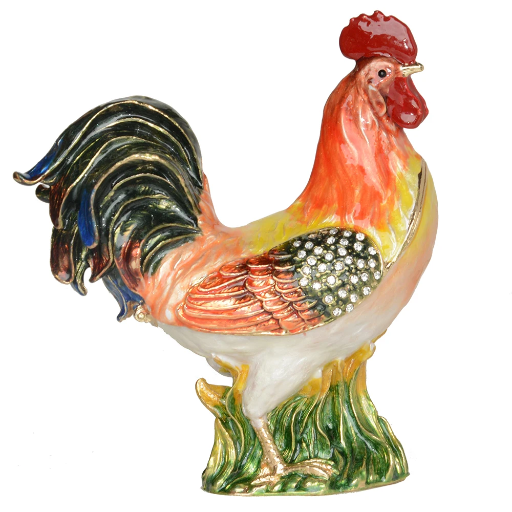 Jeweled rooster jewelry trinket box ring holder organizer metal