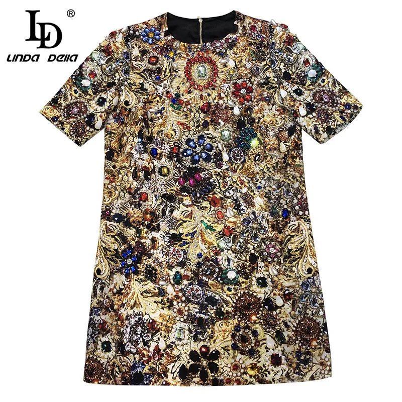  LD LINDA DELLA 2019 mode piste robe d'été femmes à manches courtes magnifique cristal perles rétro 