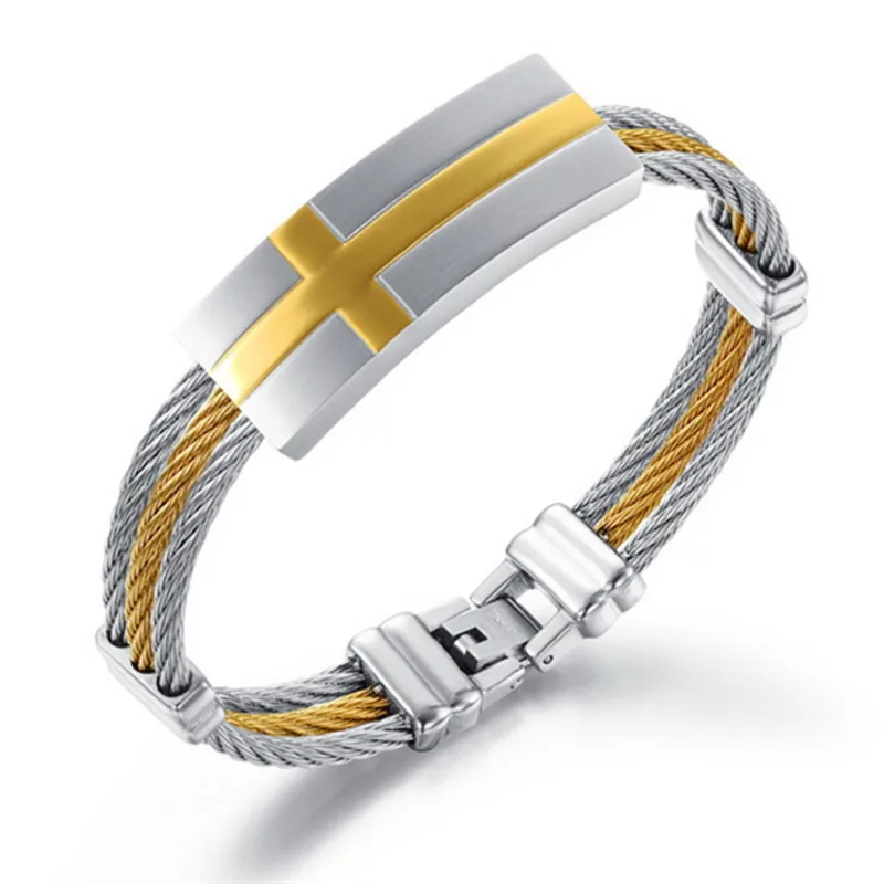 Christian gold color cross Men's Bracelet 3 Rows Wire Chain Bracelets