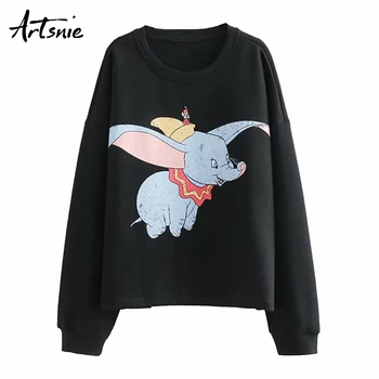 

Artsnie Black Animal Cartoon Print O Neck Sweatshirt Women Spring 2019 Long Sleeve Oversized Hoodies Knitted Jumper Sweatshirt