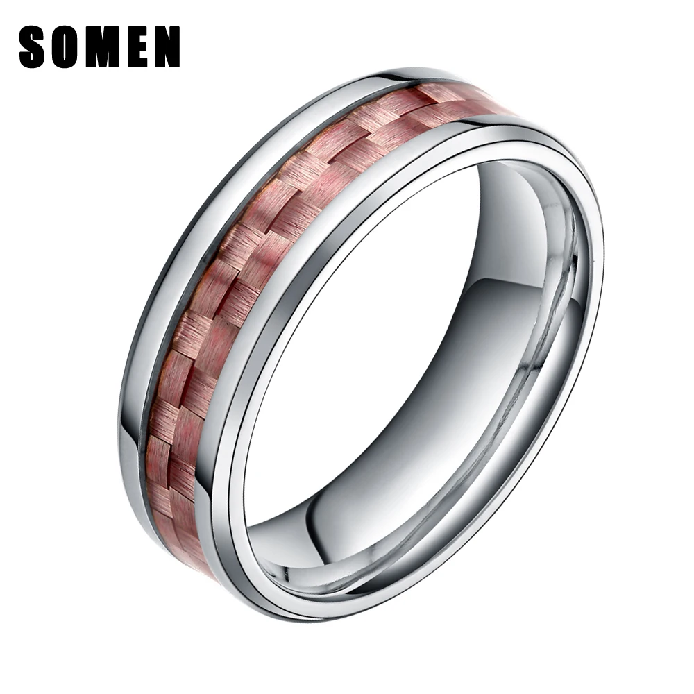6MM Women Fashion Solid Titanium Pink Carbon Fiber Inlay Band Ring