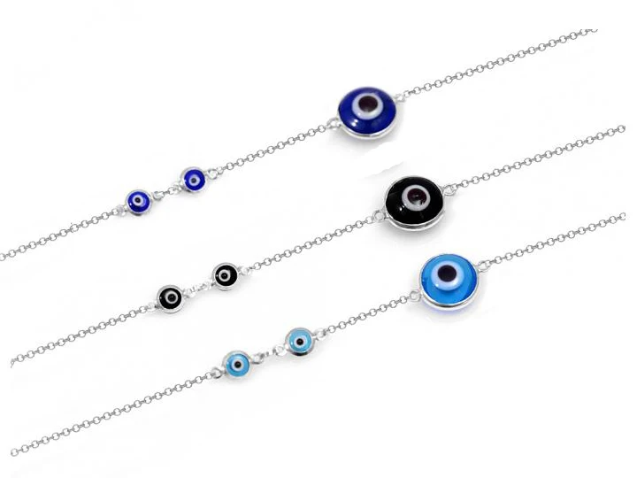 925 Sterling Silver Turkish Evil Blue Eye Bracelet Double Sided Murano Glass Bead Kabbalah Greek