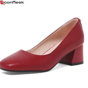 

MoonMeek spring summer high heels spuare toe slip on shallow square heel red black apricot color pumps women shoes dress shoes
