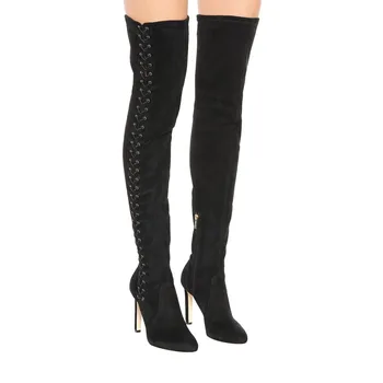 

EMMA KING New Rome Style Side Cross-tied Over The Knee Women Boots Sexy Stiletto Pointed Toe Casual Dress Black Thigh High Boots