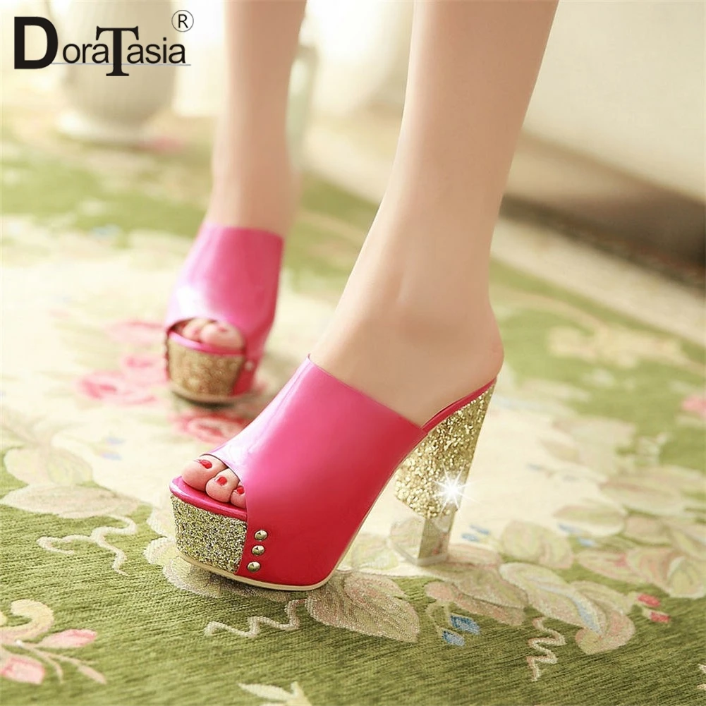 

DoraTasia Fashion Big Size 32-43 Women Patent Pu Mules Ladies Summer Slippers Platform Pumps Female High Heels Shoes Woman