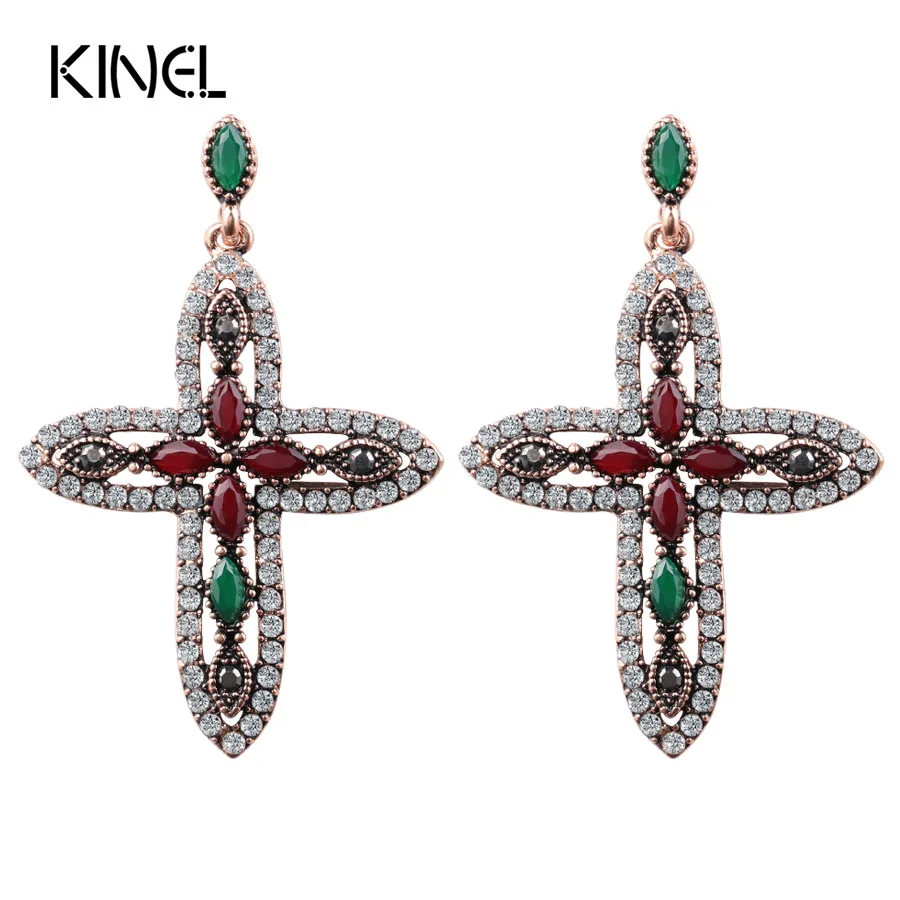 

Luxury Ancient Gold Color Cross Pendant Earrings For Women Crystal Earrings Vintage Jewelry 2017 New