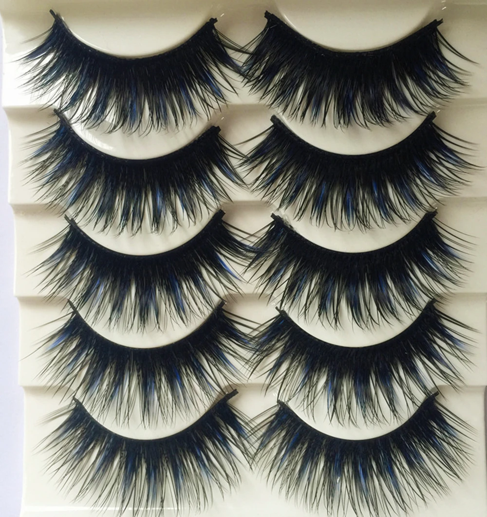 Fashion Double Color Blue+Black Soft Thick Cross Long False Eyelashes Eye Lashes Makeup Extension Tools 5 Pairs/lot | Красота и