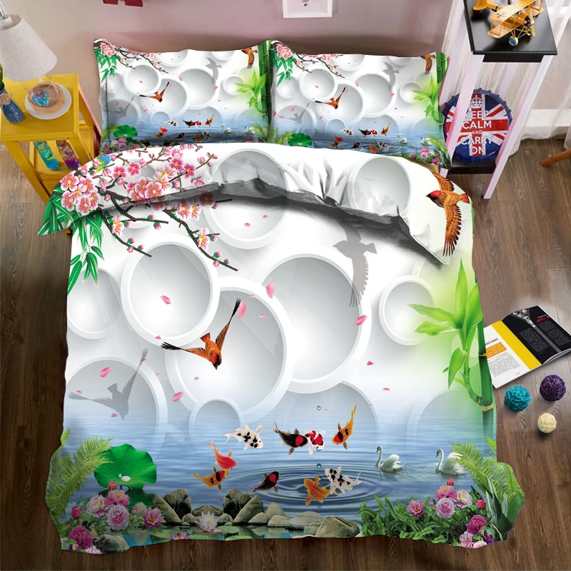 

Fish in the water and white swan oil painting 3d effect photo bed linen can be customized photo pattern