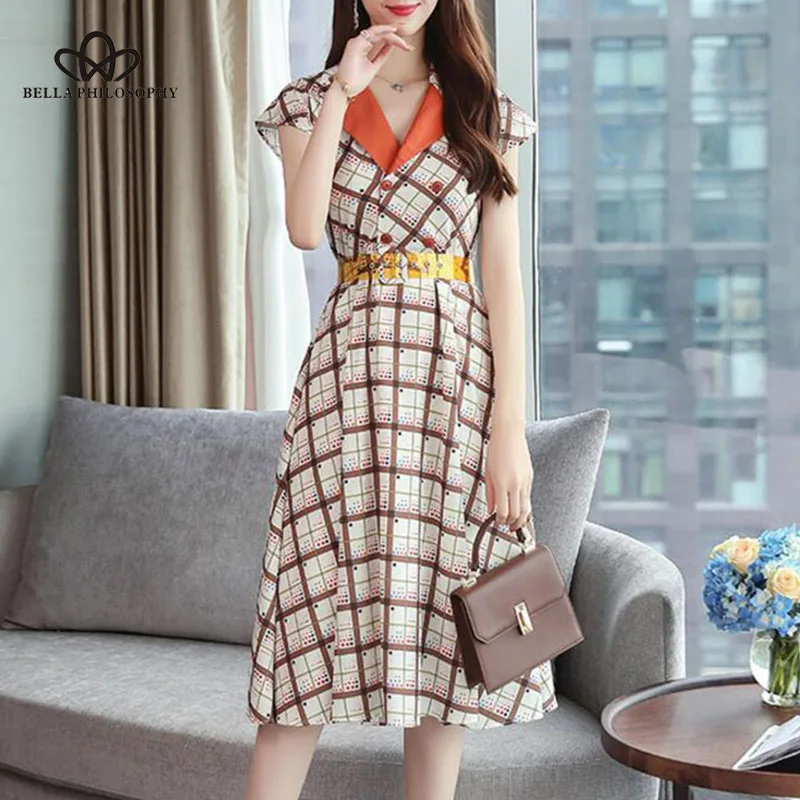 Wonder 2018 new Summer Women Dress Slimming Plaid Knee-Length Streetwear A-Line Sashes V-Neck Korean Version Dress Button