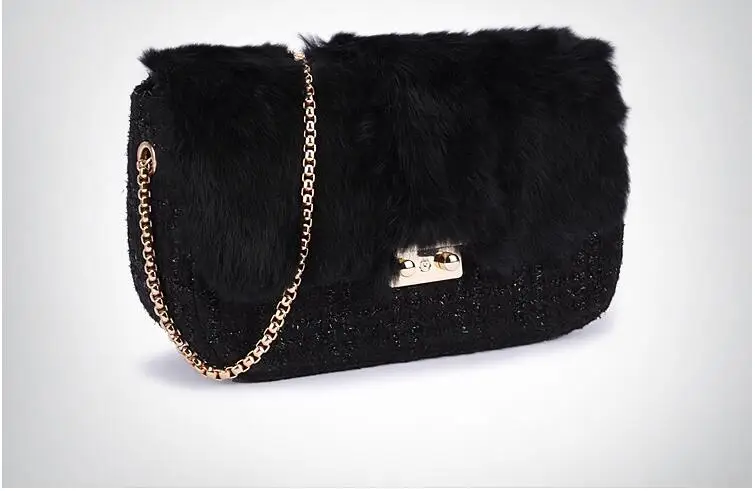 

2019 new real rabbit fur women's' messenger bag small chain bag black color fur bag lady's shoulder bag one shoulder cross body