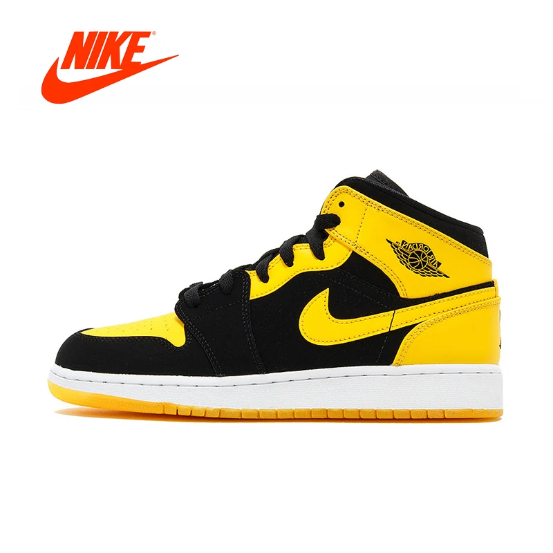 Original New Arrival Authentic Nike Air Jordan 1 Mid AJ1 Black Yellow Joe Men's Basketball Shoes Sport Outdoor Sneakers 554724