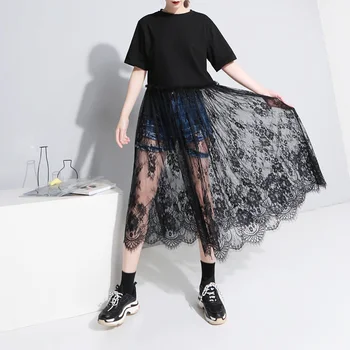 

Tumblr Limited New Arrival Regular O-neck Kpop Korean Woman Europe 2019 Summer Personality New Lace Stitching Sleeve T-shirt