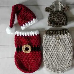 Новорожденных Подставки для фотографий шляпа + спальный мешок крючком Вязание костюм Обувь для мальчиков Штаны для девочек с