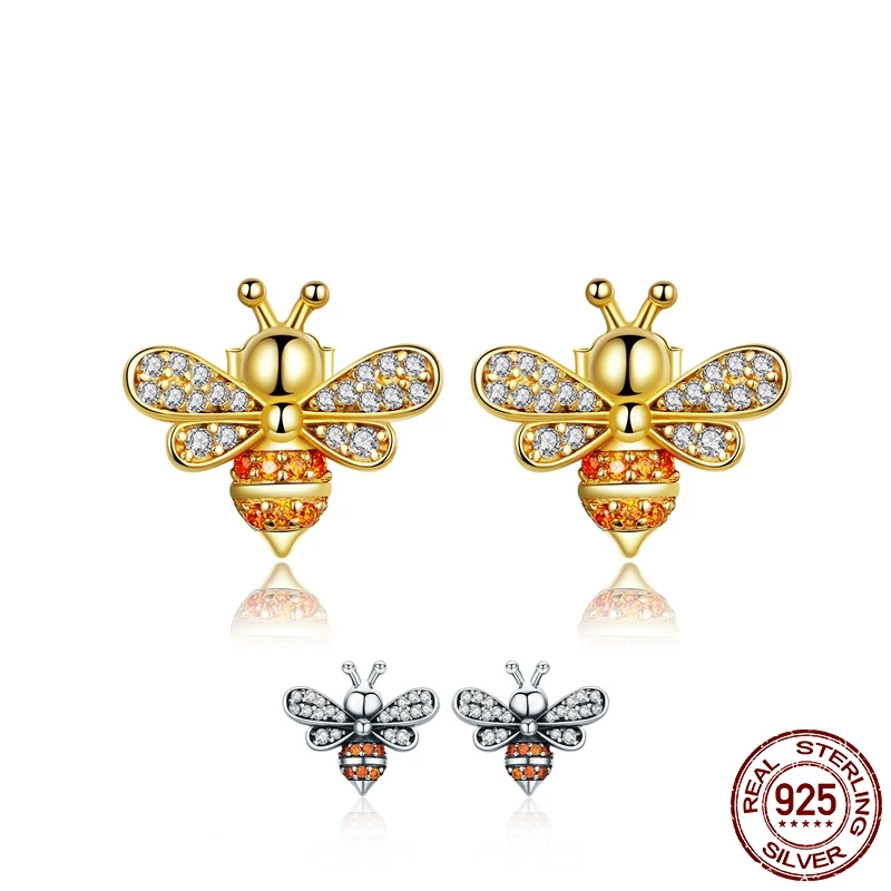 

Fashion cute 925 sterling silver bee clear CZ Stud earrings for women delicate earrings silver jewelry