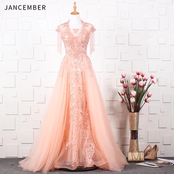 

JANCEMBER длинное платье Appliques Beading Sequined Tassel High-Neck Cap Sleeve Illusion A-Line Court Train New abiye elbiseler