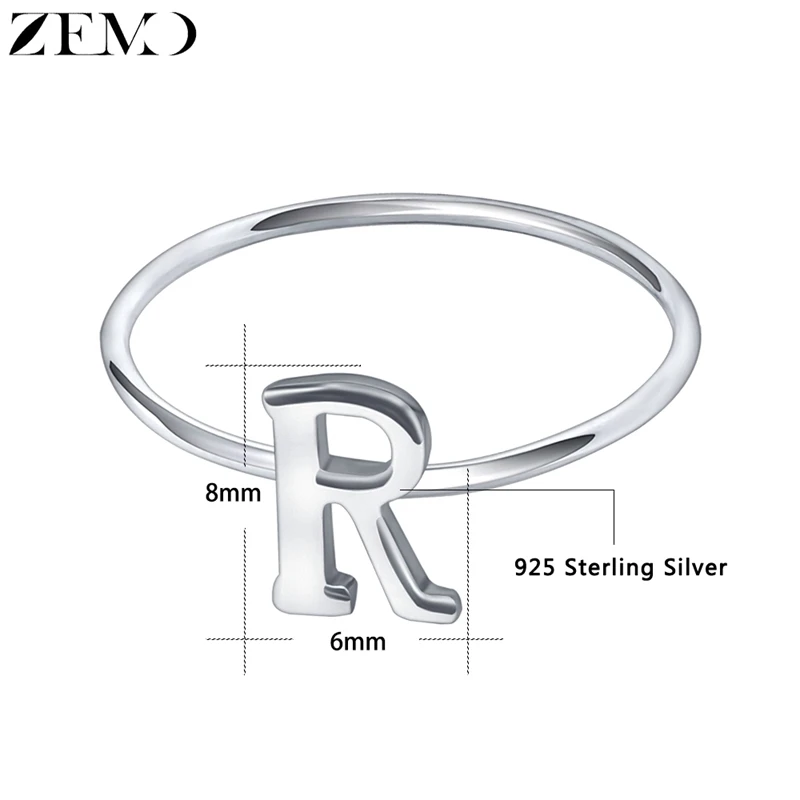 ZEMO, настоящее 925 пробы, серебряные кольца с буквами, A-Z кольца с буквами алфавита, оригинальное имя, очаровательные ювелирные изделия, Индивидуальные Кольца для женщин - Цвет основного камня: R
