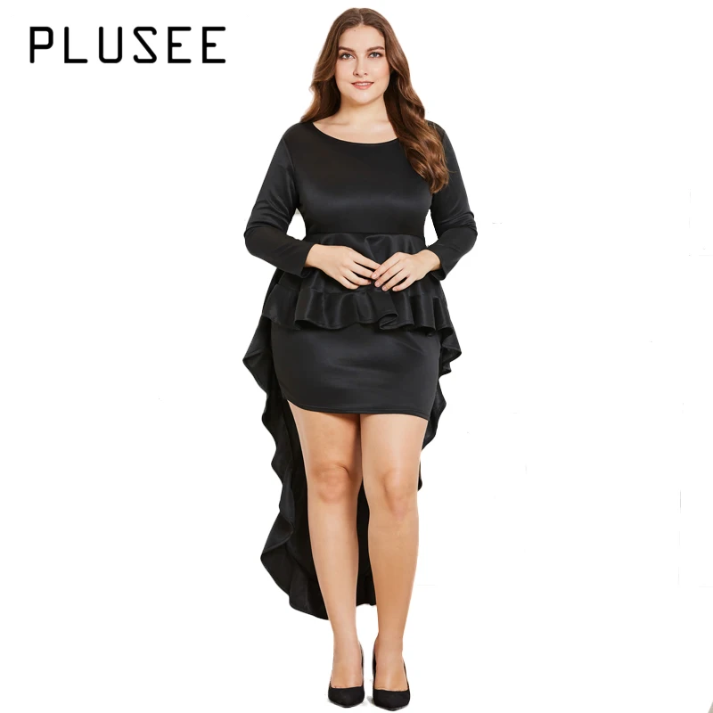 

PLUSEE Spring Women Plus Size Ruffles Irregular Dress Fashion O Neck Patchwork Trailing Party Dresses Black XL-5XL