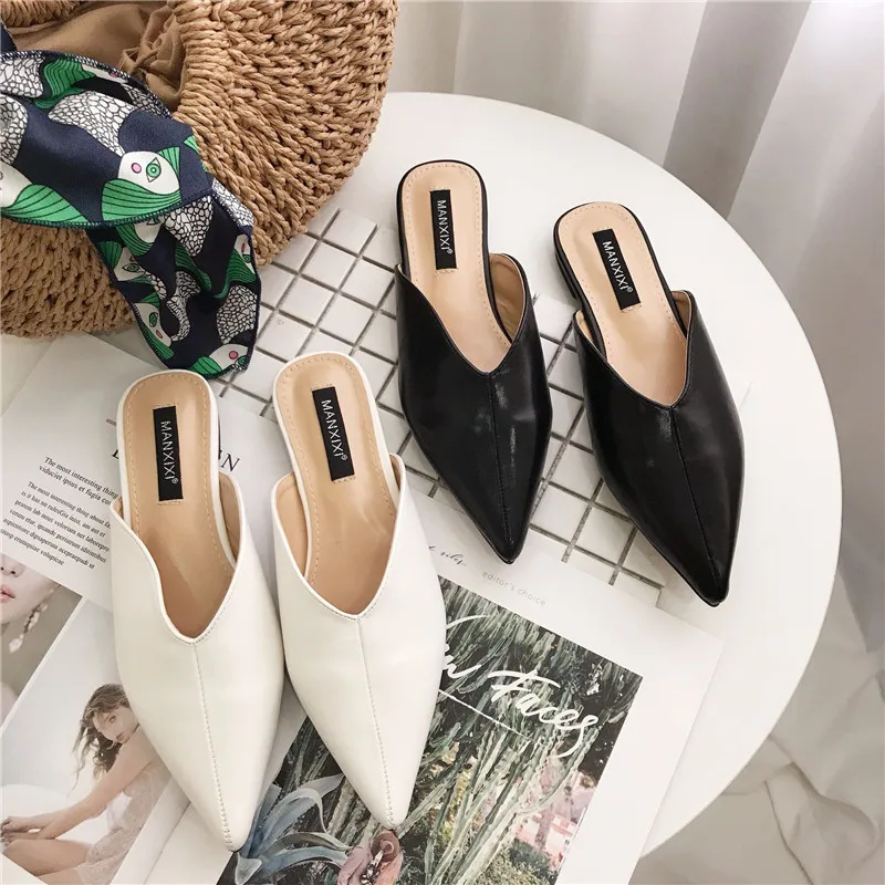 

Sewing Mules Woman Low heels Slippers casual pointed toe Slides fashion Slip on loafers leather Shoes zapatos mujer black white