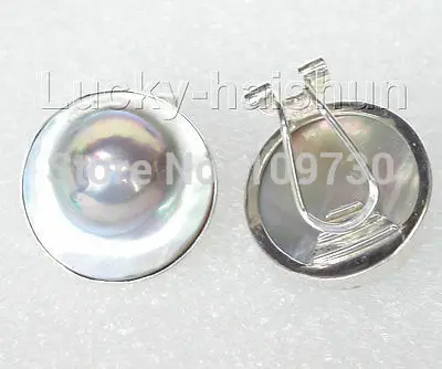 

ry00383 natural 19.5mm Clip-on Gray South Sea Mabe Pearls Earrings 925ss GIFT A0422 -Top quality free shipping
