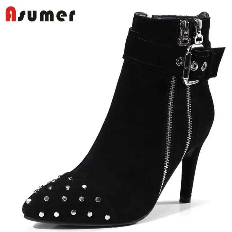 

ASUMER black fashion 2018 rivet ankle boots women zip buckle genuine leather boots pointed toe thin high heel boots
