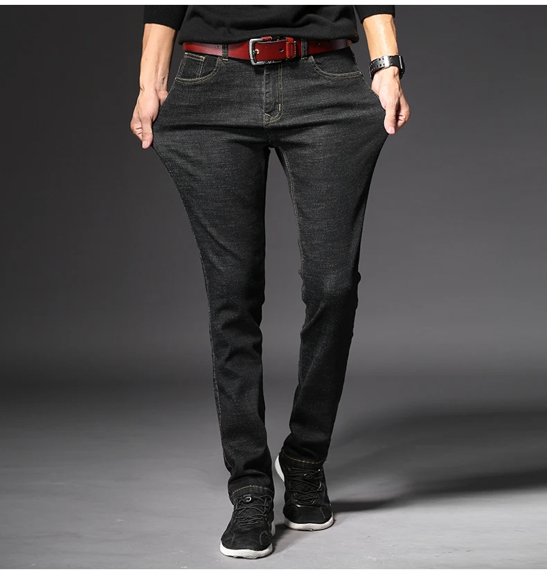 Новинка 2019, мужские классические джинсы, эластичные, обтягивающие, одноцветные, джинсовые, мужские, черные, синие, облегающие, брюки