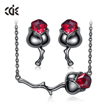 

CDE Women Jewelry Set with Crystals from Swarovski Dark Rose Flower Pendant Necklace Earrings Set Wedding Party Jewelry Gift