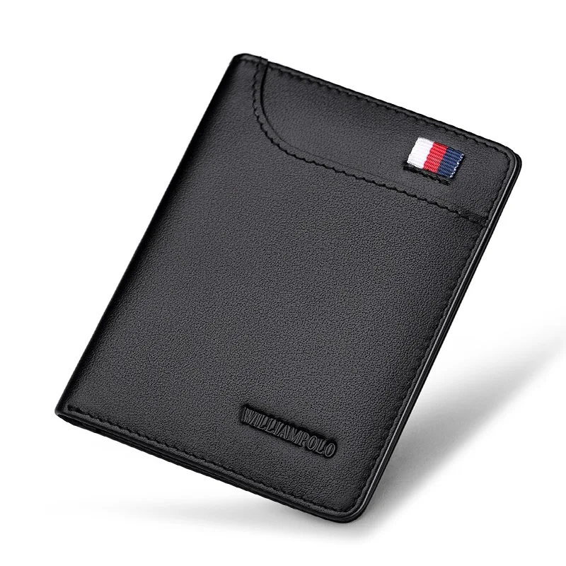 WILLIAMPOLO Brand Mens Wallet Short Ultrathin Credit Card Holder Bifold Genuine Leather Multi Card Case Organizer Purse fashion - Цвет: Black