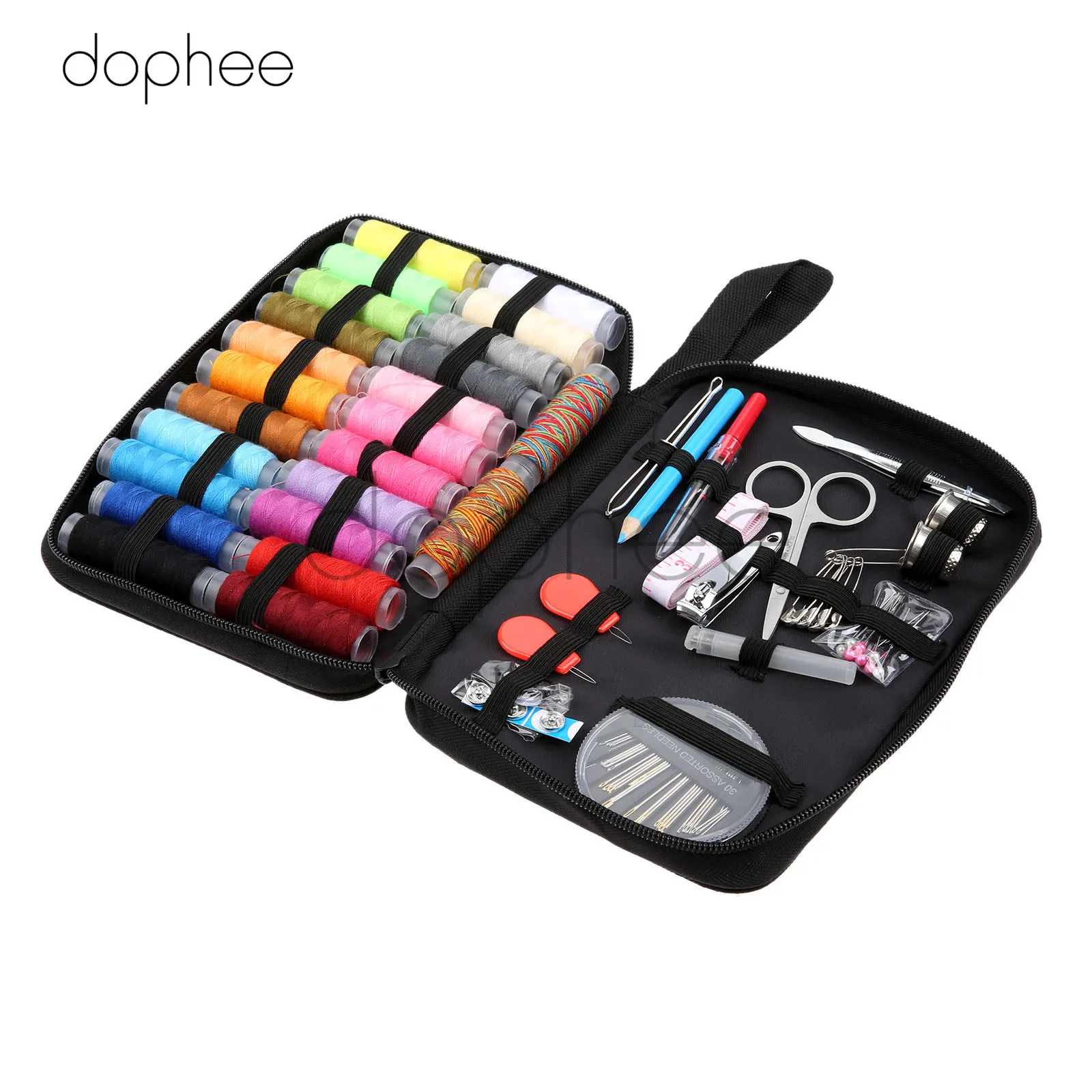 

dophee 1set Black Sewing Kits Bag Threads Stitches Needles Scissor Tool Set Portable For Traveling and Household Sewing