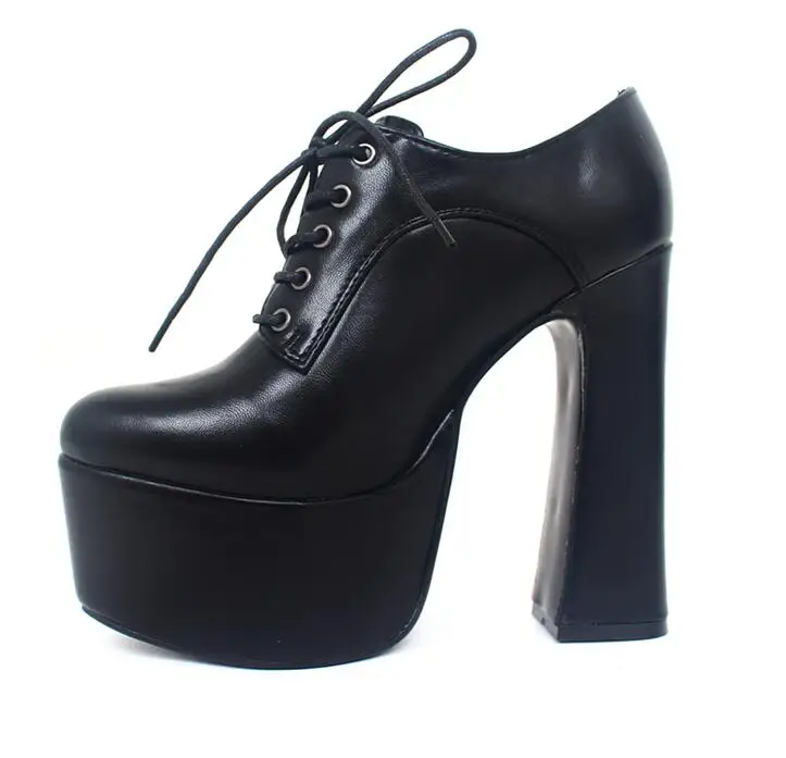 Jialuowei/женские туфли-лодочки на платформе и высоком каблуке; коллекция года; сезон весна; туфли в стиле панк на высоком квадратном каблуке 15 см; пикантные туфли с острым носком на шнуровке; размеры 36-46 - Цвет: Black matt