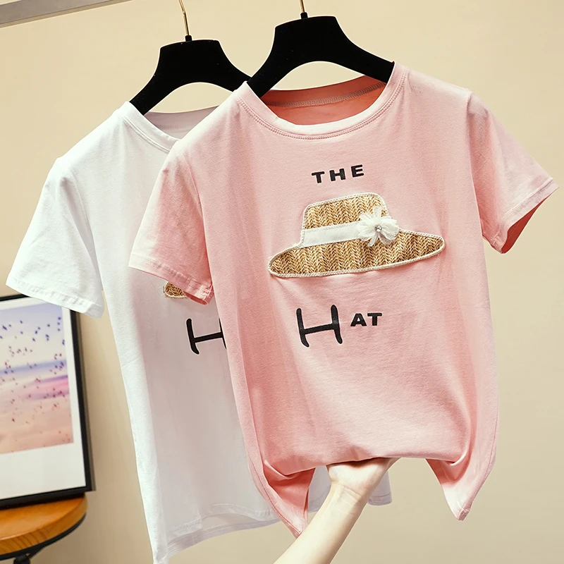 

Women Cotton T-Shirt Short Sleeves Loose Embroidery Patch Hat Korean Fashion Tops Summer 2019 O Neck Tees Pink White