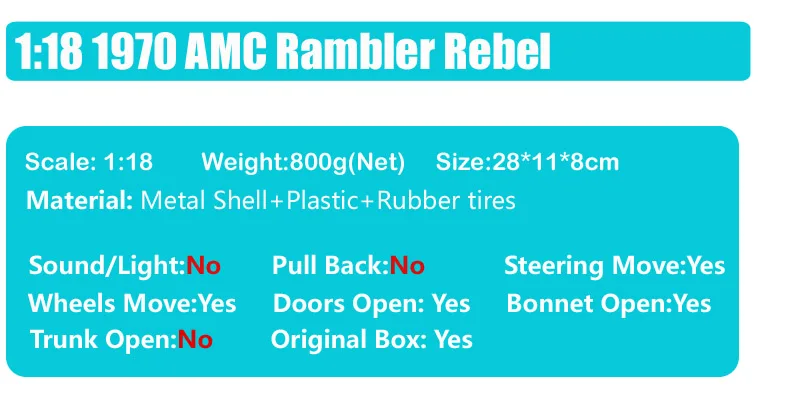 Для мальчиков, 1:18, старый, 1970, Amc Rebel Rambler, классический, масштабный автомобиль, жесткий, литье под давлением, автомобильная модель, игрушка, миниатюрные подарки для коллекции