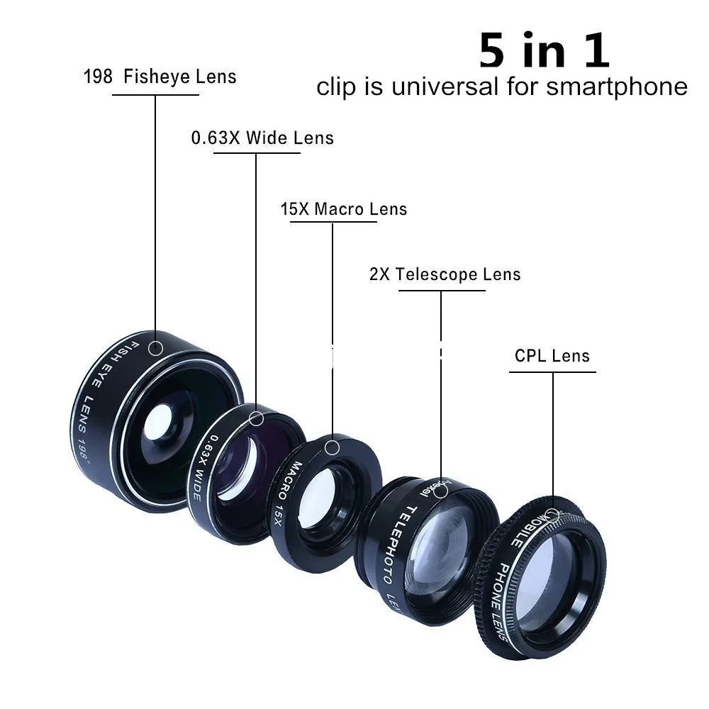 Phone lens XLOT 5 in 1 Fisheye Wide Angle 15X Marco Lens Telescope Lens CPL Mobile Phone Camera Lens for iPhone Samsung Xiaomi Samartphone (2)