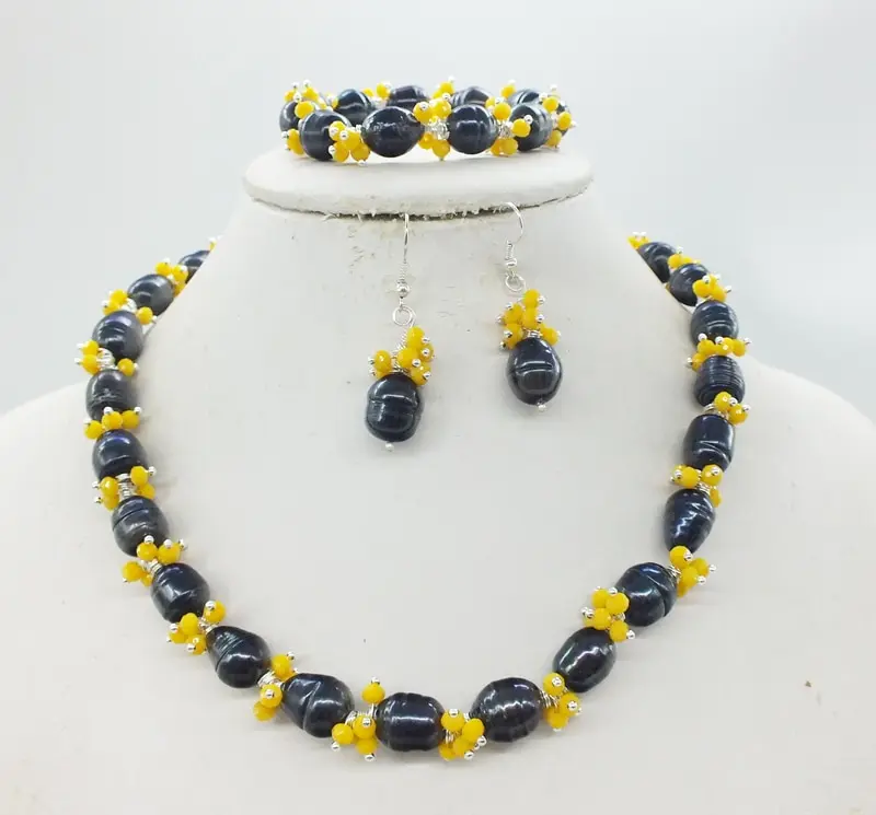 Wholesale free shipping >>Beautiful 11-12mm black TAHITIAN baroque pearl crystal necklace Bracelet / Stud Earrings, Jewelry Set