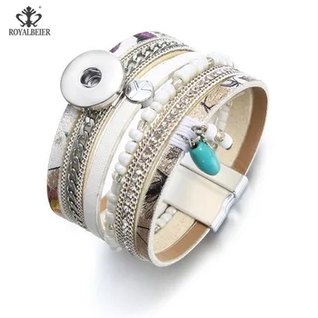 

New Multilayer Rhinestone Wrap Leather Crystal Magnet Bracelet Charms Crystal Buckle Fit 18mm Buttons For Women Pulsera SZ0582