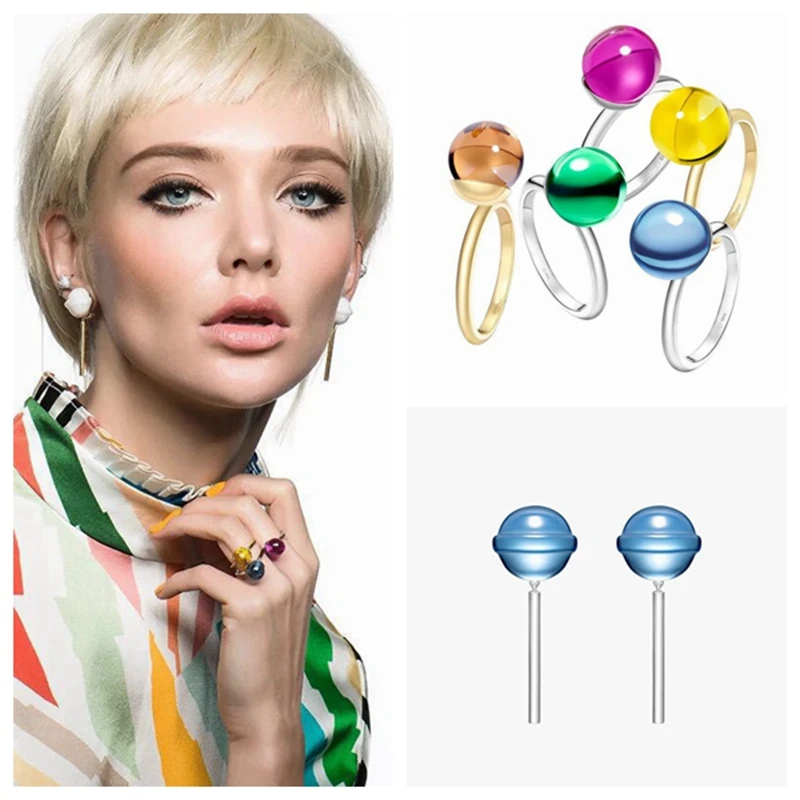 

Sweetie Zircon 925 Sterling Silver Lollipop Finger Ring Candy Lip Lollipop Clip Earring Ear Clip Childhood Women Jewelry Set