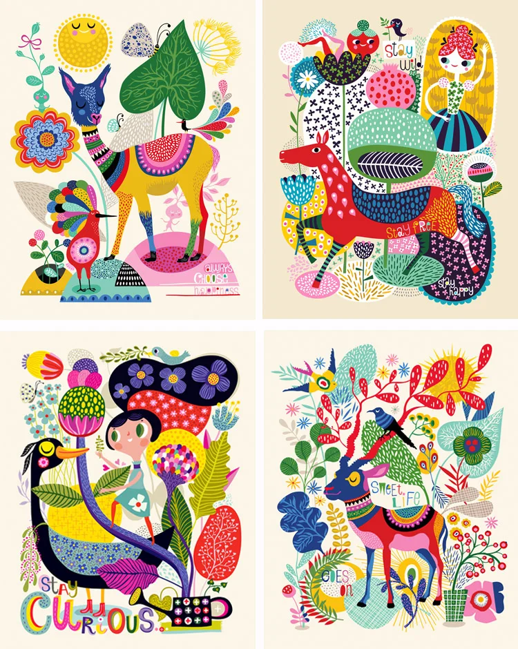 

BEAUTIFUL ZOO Colorful Joyful Children Room Wall Decorative Pictures Frameless Paintings for Home/Bar/Coffee Shop Decor